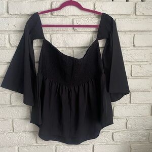 Black Asymmetrical Blouse with Flutter Sleeves